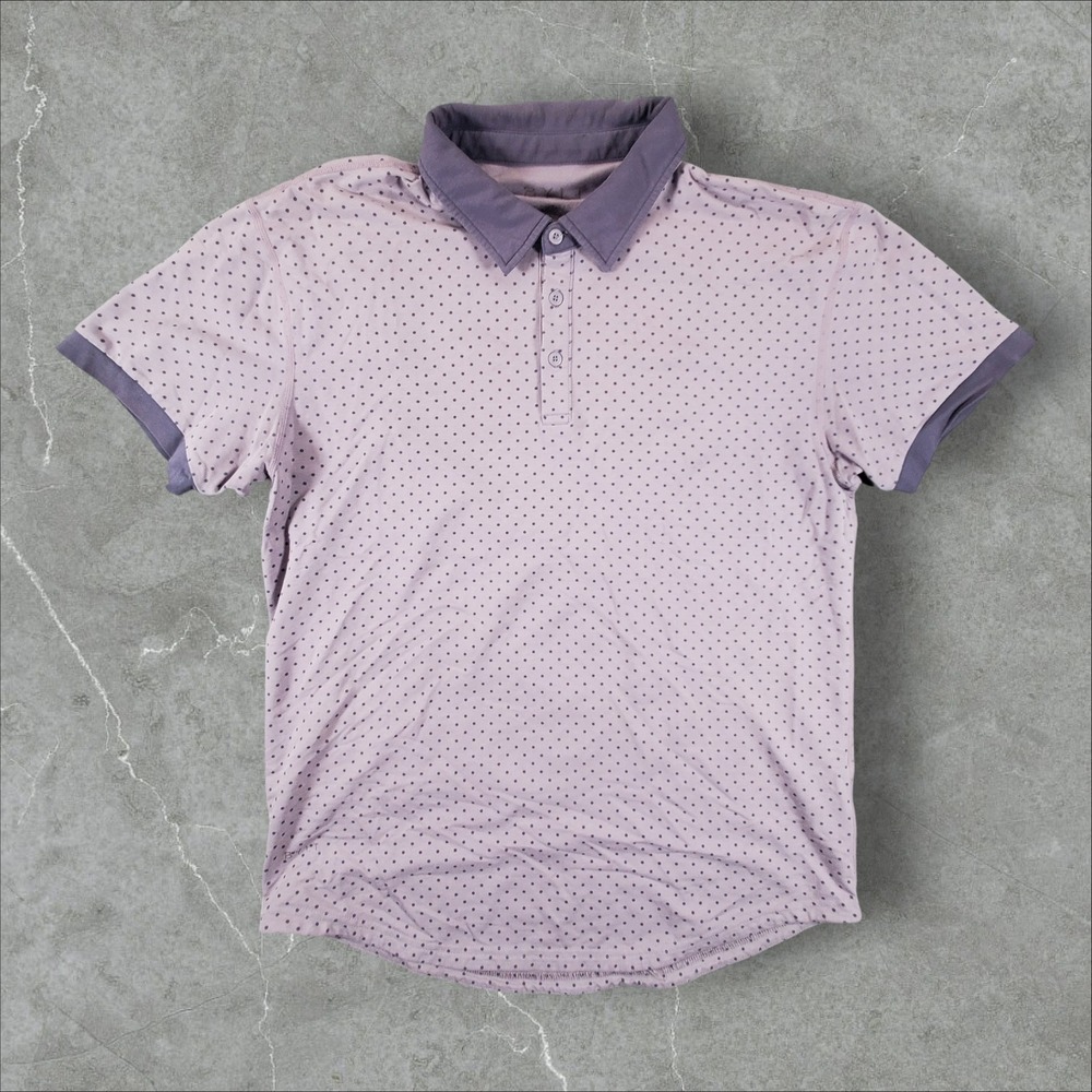 BYLT Drop Cut Polo Mens Large Purple Polka Dot Short Sleeve Curved Hem Stretch